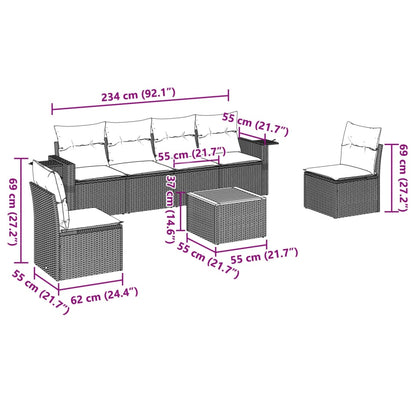 7-tlg. Garten-Sofagarnitur mit Kissen Schwarz Poly Rattan