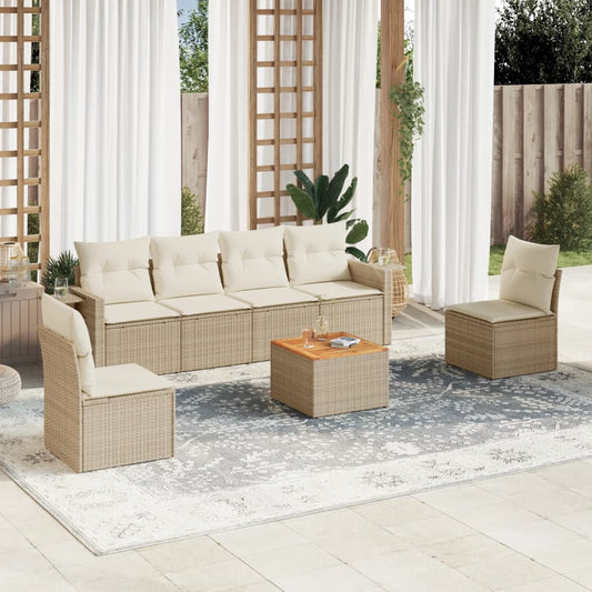 7-tlg. Garten-Sofagarnitur mit Kissen Beige Poly Rattan