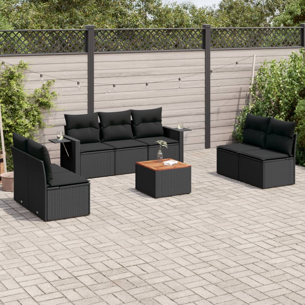 8-tlg. Garten-Sofagarnitur mit Kissen Schwarz Poly Rattan