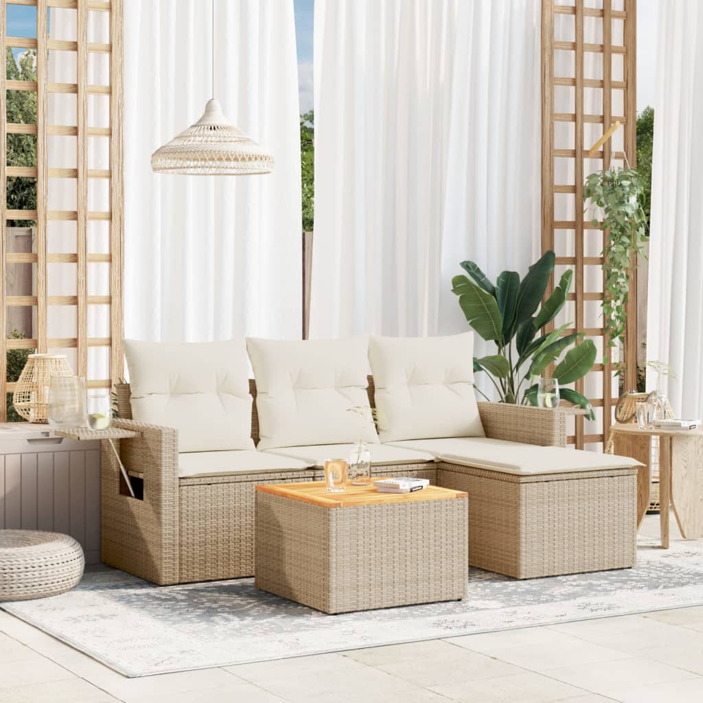 5-tlg. Garten-Sofagarnitur mit Kissen Beige Poly Rattan