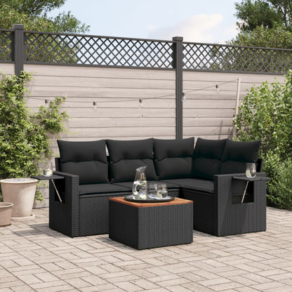 5-tlg. Garten-Sofagarnitur mit Kissen Schwarz Poly Rattan