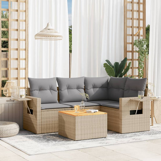 5-tlg. Garten-Sofagarnitur mit Kissen Beige Poly Rattan