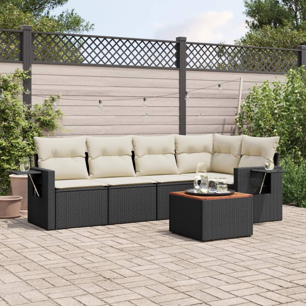 6-tlg. Garten-Sofagarnitur mit Kissen Schwarz Poly Rattan