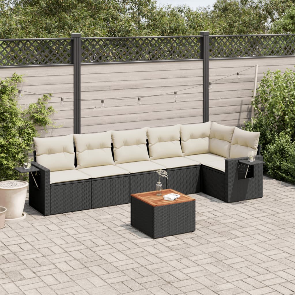 7-tlg. Garten-Sofagarnitur mit Kissen Schwarz Poly Rattan