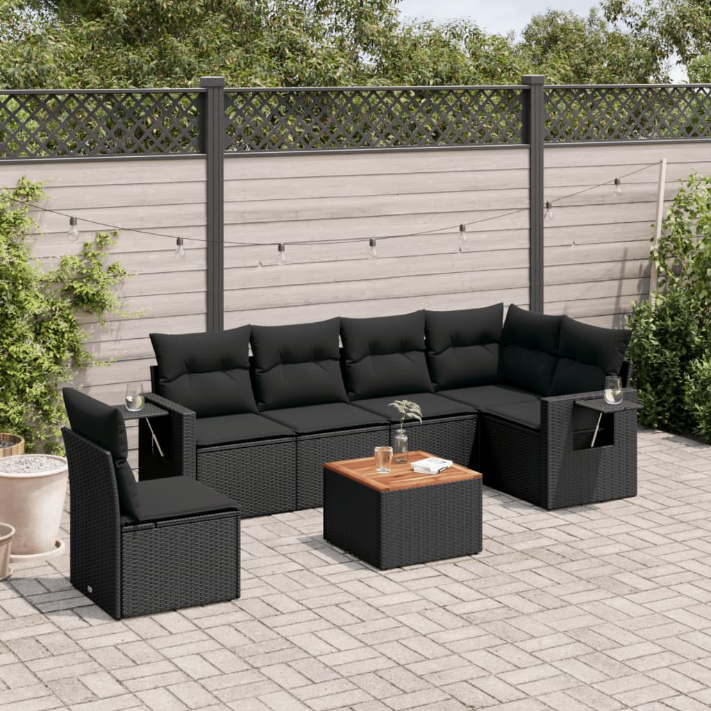 7-tlg. Garten-Sofagarnitur mit Kissen Schwarz Poly Rattan