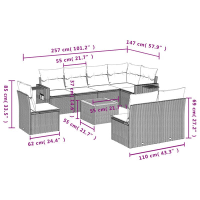 9-tlg. Garten-Sofagarnitur mit Kissen Schwarz Poly Rattan