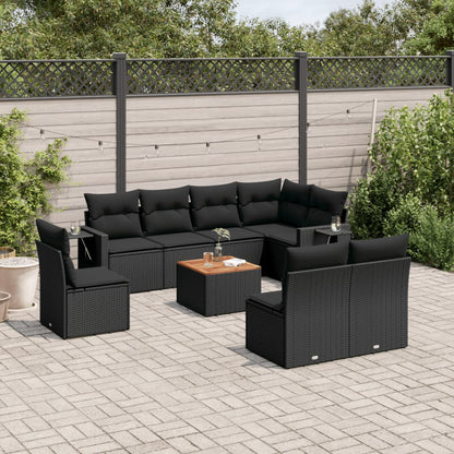 9-tlg. Garten-Sofagarnitur mit Kissen Schwarz Poly Rattan