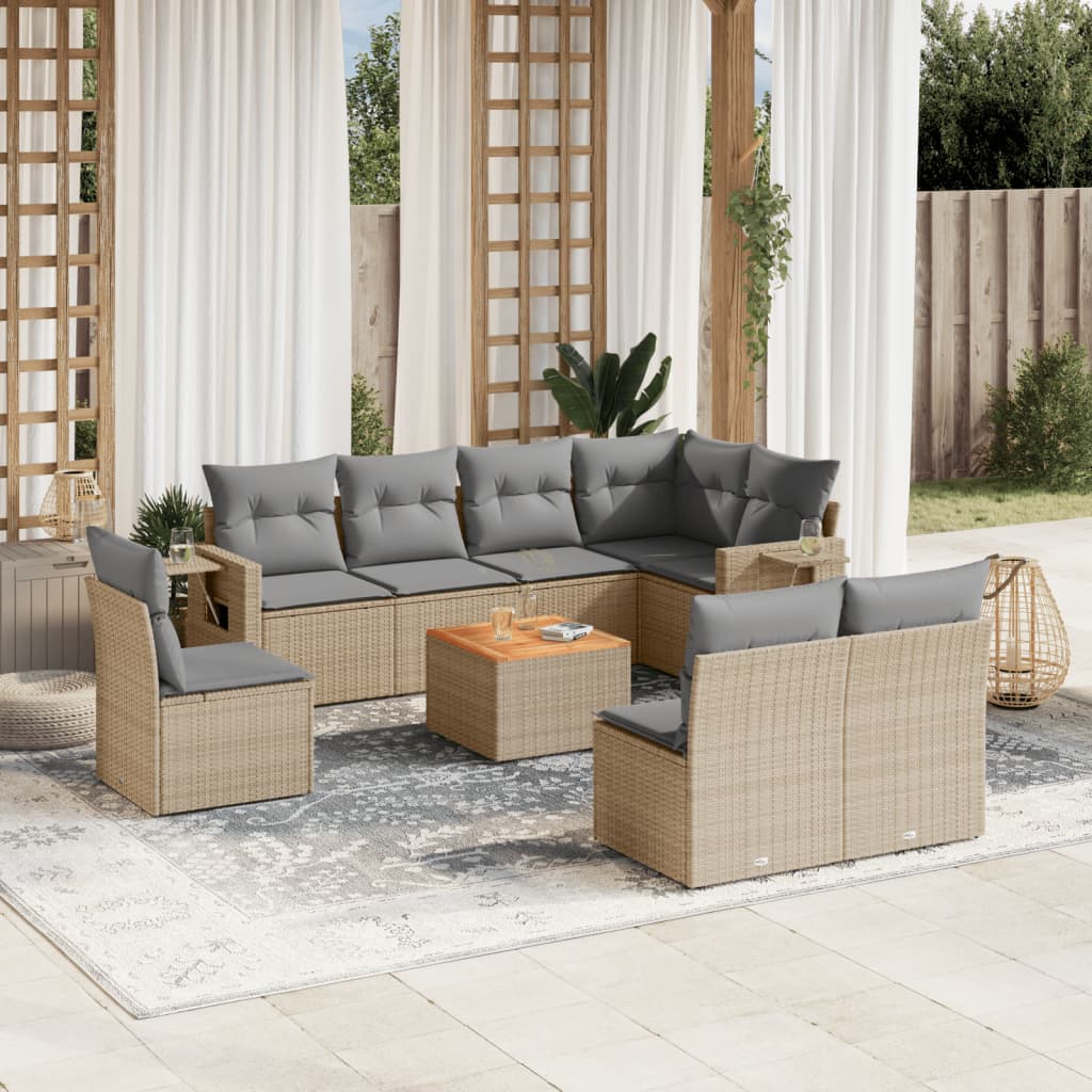 9-tlg. Garten-Sofagarnitur mit Kissen Beige Poly Rattan