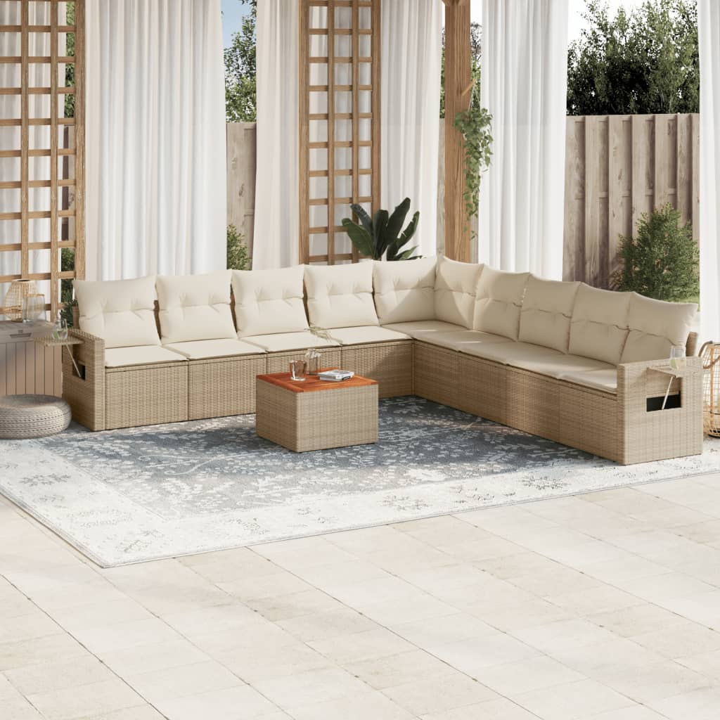 10-tlg. Garten-Sofagarnitur mit Kissen Beige Poly Rattan