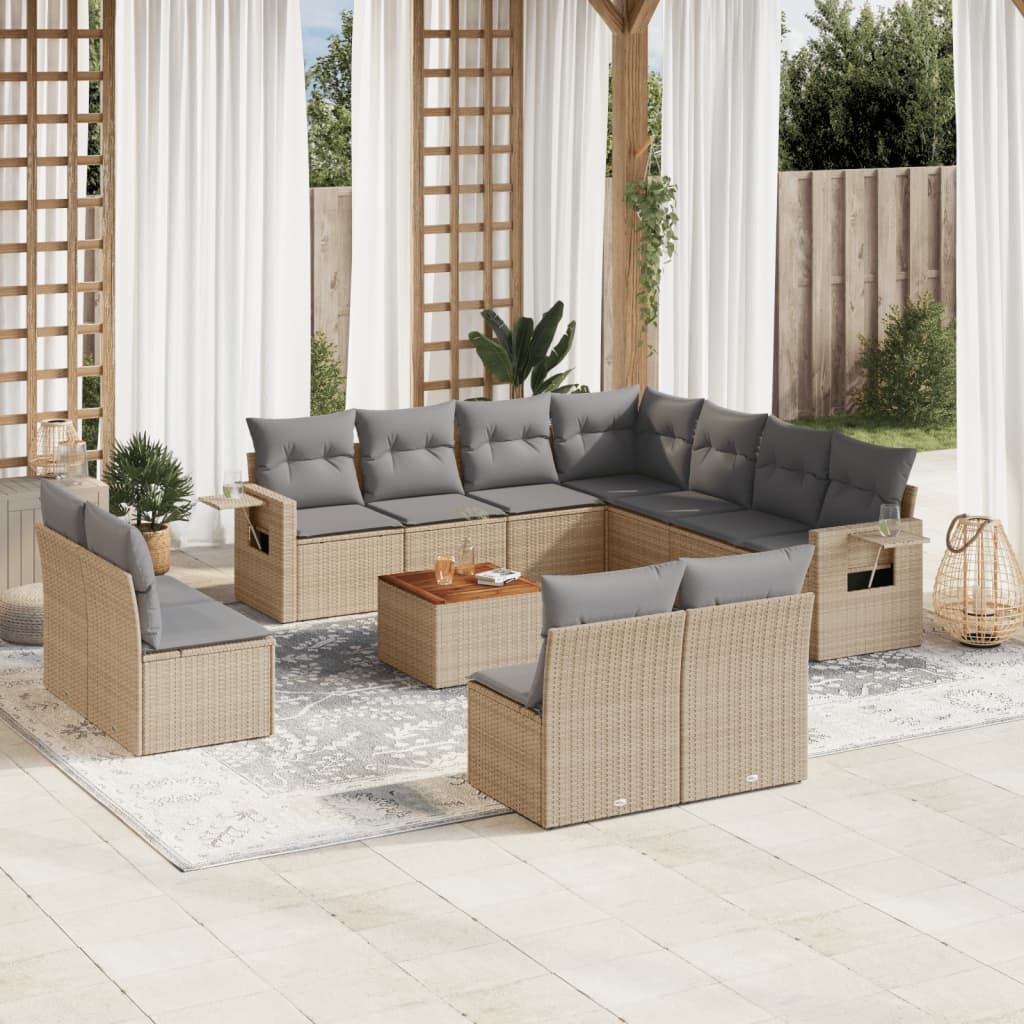 12-tlg. Garten-Sofagarnitur mit Kissen Beige Poly Rattan