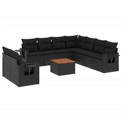 10-tlg. Garten-Sofagarnitur mit Kissen Schwarz Poly Rattan