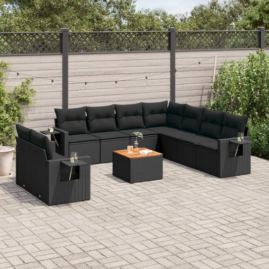 10-tlg. Garten-Sofagarnitur mit Kissen Schwarz Poly Rattan