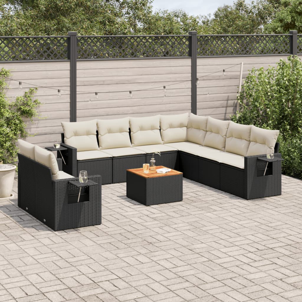 10-tlg. Garten-Sofagarnitur mit Kissen Schwarz Poly Rattan