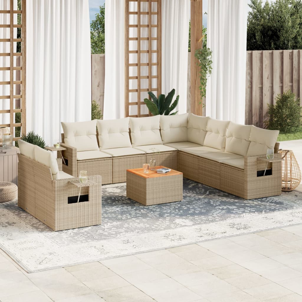 10-tlg. Garten-Sofagarnitur mit Kissen Beige Poly Rattan