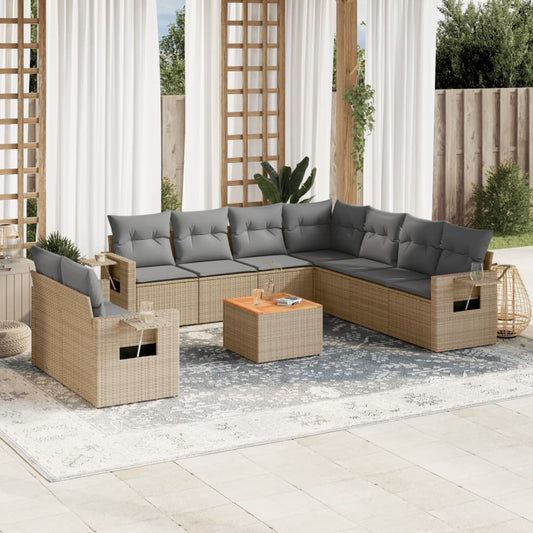 10-tlg. Garten-Sofagarnitur mit Kissen Beige Poly Rattan