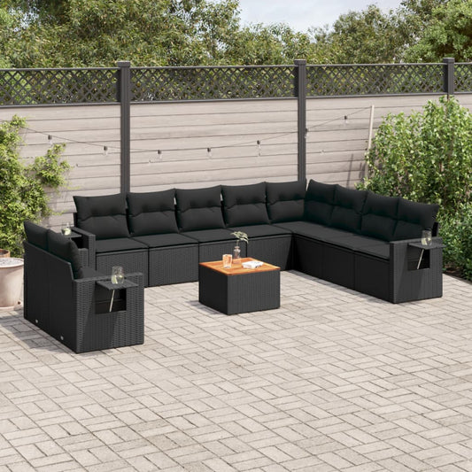 11-tlg. Garten-Sofagarnitur mit Kissen Schwarz Poly Rattan