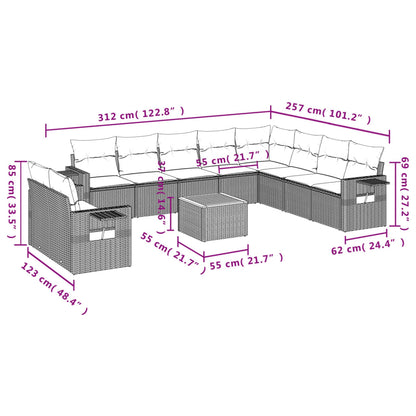 11-tlg. Garten-Sofagarnitur mit Kissen Schwarz Poly Rattan