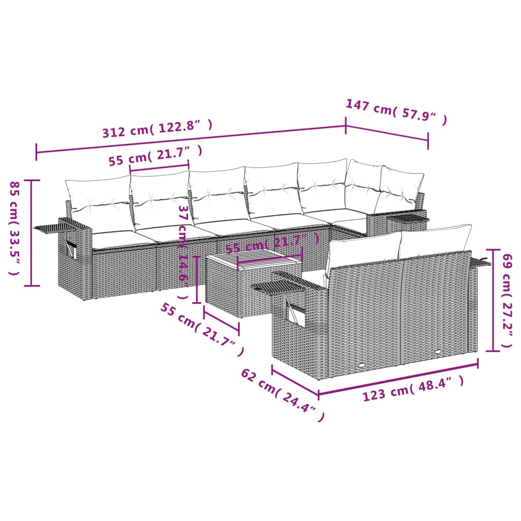 9-tlg. Garten-Sofagarnitur mit Kissen Schwarz Poly Rattan