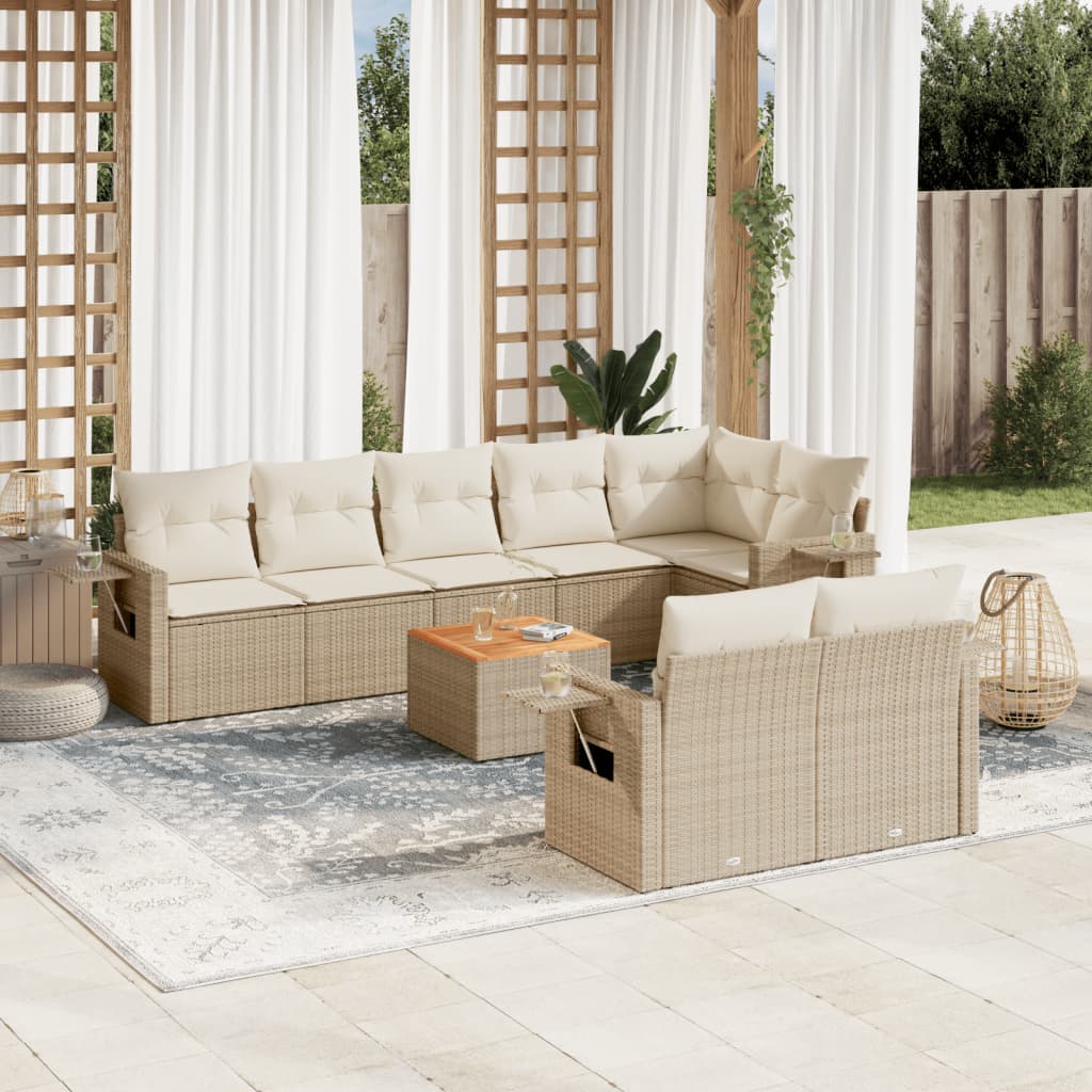 9-tlg. Garten-Sofagarnitur mit Kissen Beige Poly Rattan