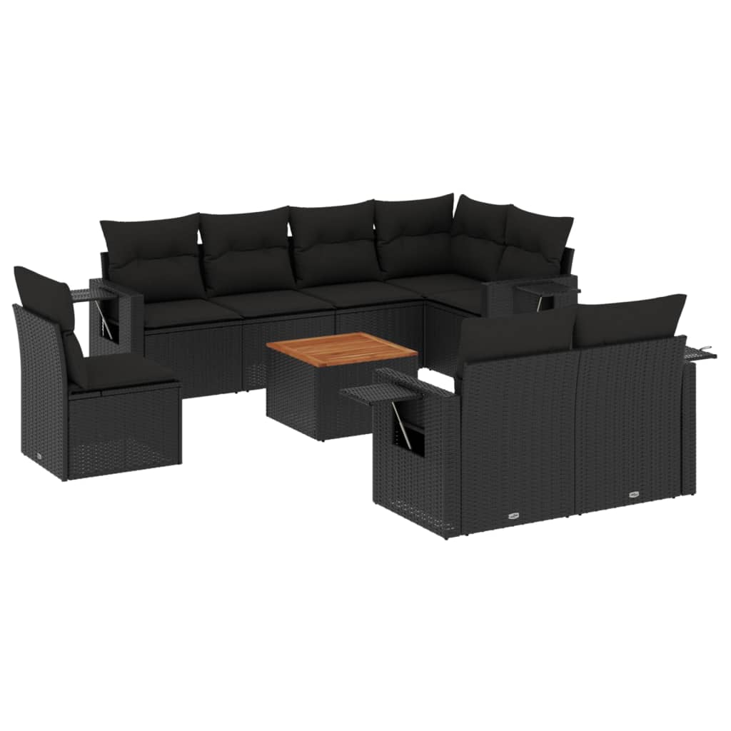 9-tlg. Garten-Sofagarnitur mit Kissen Schwarz Poly Rattan