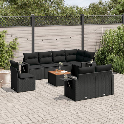 9-tlg. Garten-Sofagarnitur mit Kissen Schwarz Poly Rattan