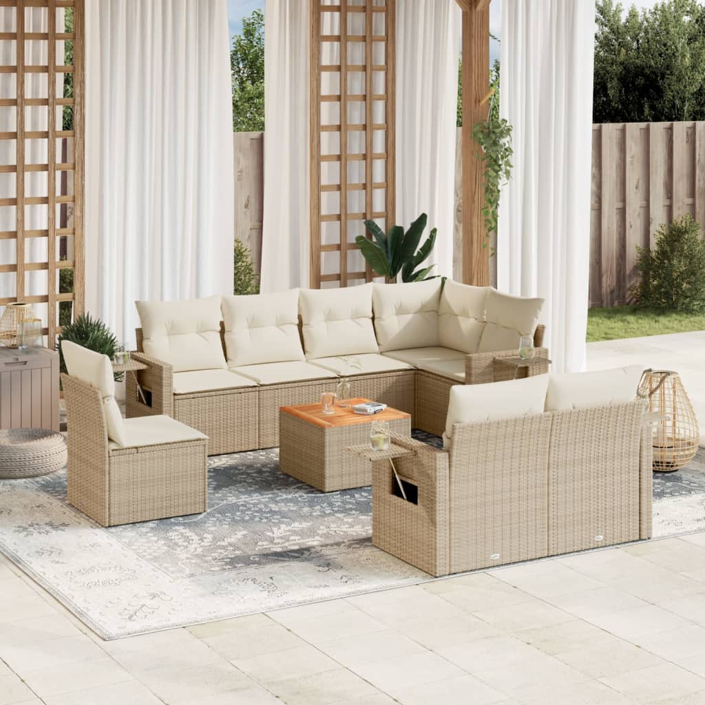 9-tlg. Garten-Sofagarnitur mit Kissen Beige Poly Rattan