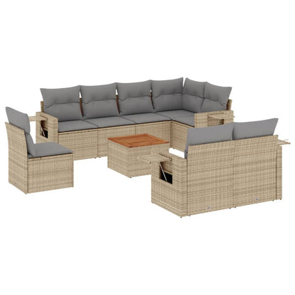 9-tlg. Garten-Sofagarnitur mit Kissen Beige Poly Rattan