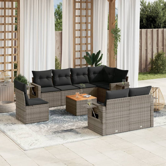 9-tlg. Garten-Sofagarnitur mit Kissen Grau Poly Rattan