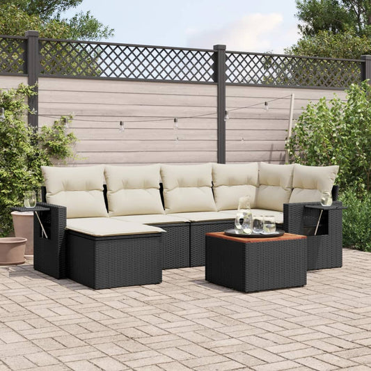 7-tlg. Garten-Sofagarnitur mit Kissen Schwarz Poly Rattan