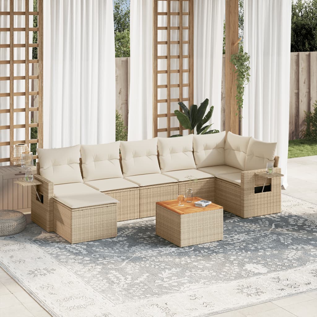 8-tlg. Garten-Sofagarnitur mit Kissen Beige Poly Rattan