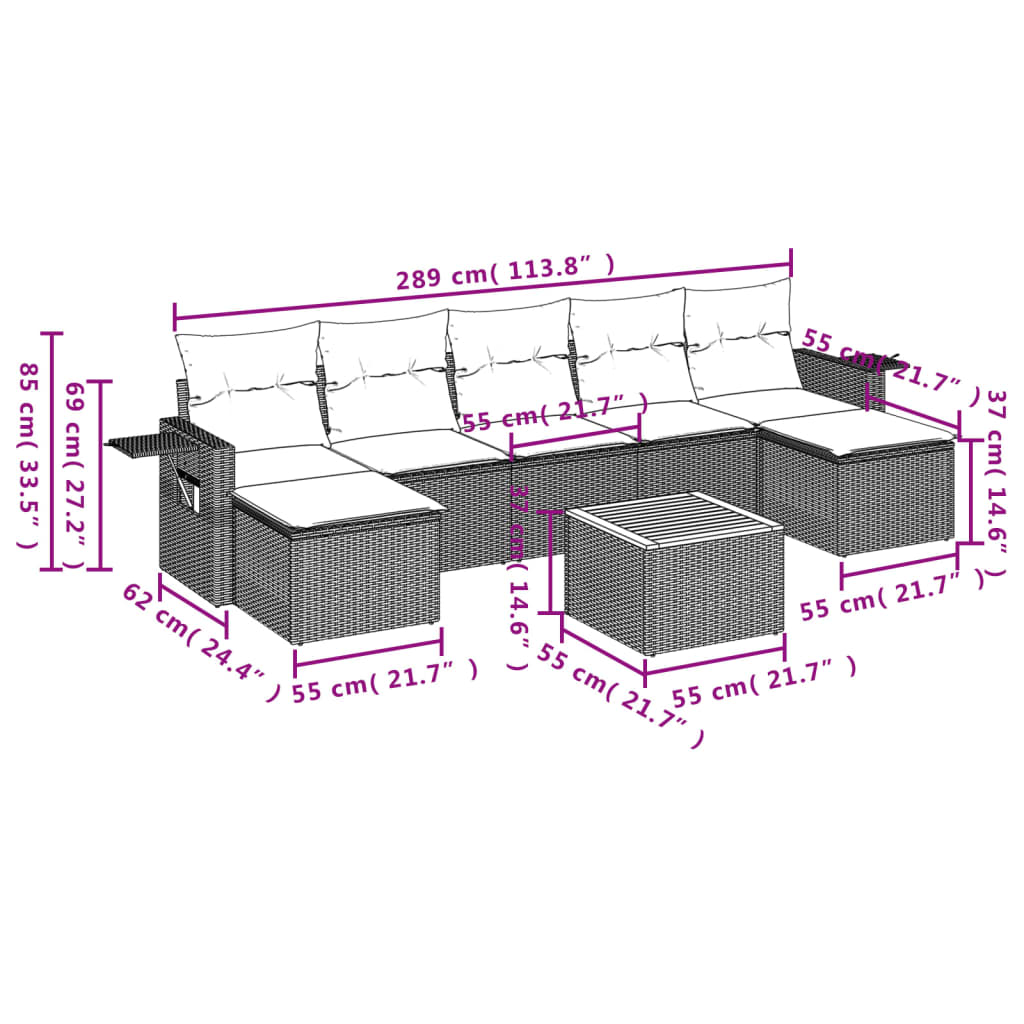 8-tlg. Garten-Sofagarnitur mit Kissen Grau Poly Rattan