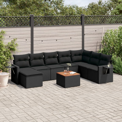 9-tlg. Garten-Sofagarnitur mit Kissen Schwarz Poly Rattan