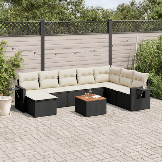 9-tlg. Garten-Sofagarnitur mit Kissen Schwarz Poly Rattan