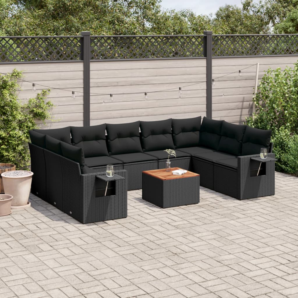 10-tlg. Garten-Sofagarnitur mit Kissen Schwarz Poly Rattan