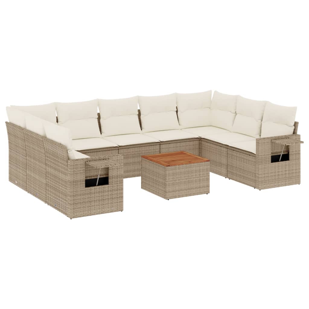 10-tlg. Garten-Sofagarnitur mit Kissen Beige Poly Rattan