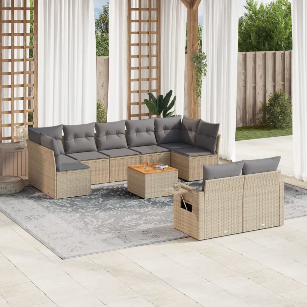 10-tlg. Garten-Sofagarnitur mit Kissen Beige Poly Rattan