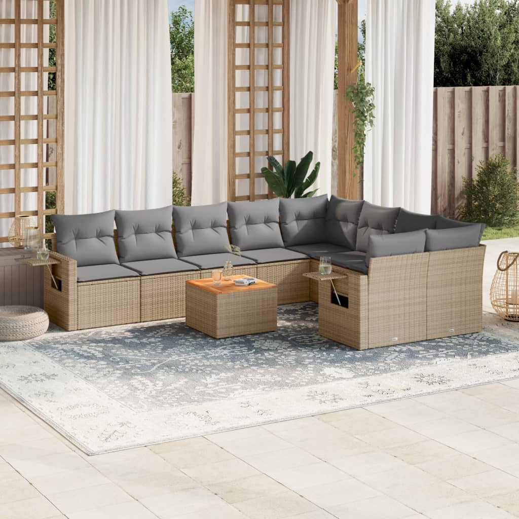 10-tlg. Garten-Sofagarnitur mit Kissen Beige Poly Rattan