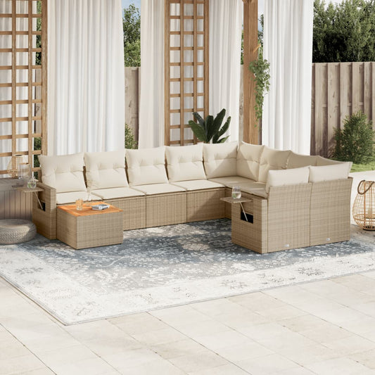 10-tlg. Garten-Sofagarnitur mit Kissen Beige Poly Rattan