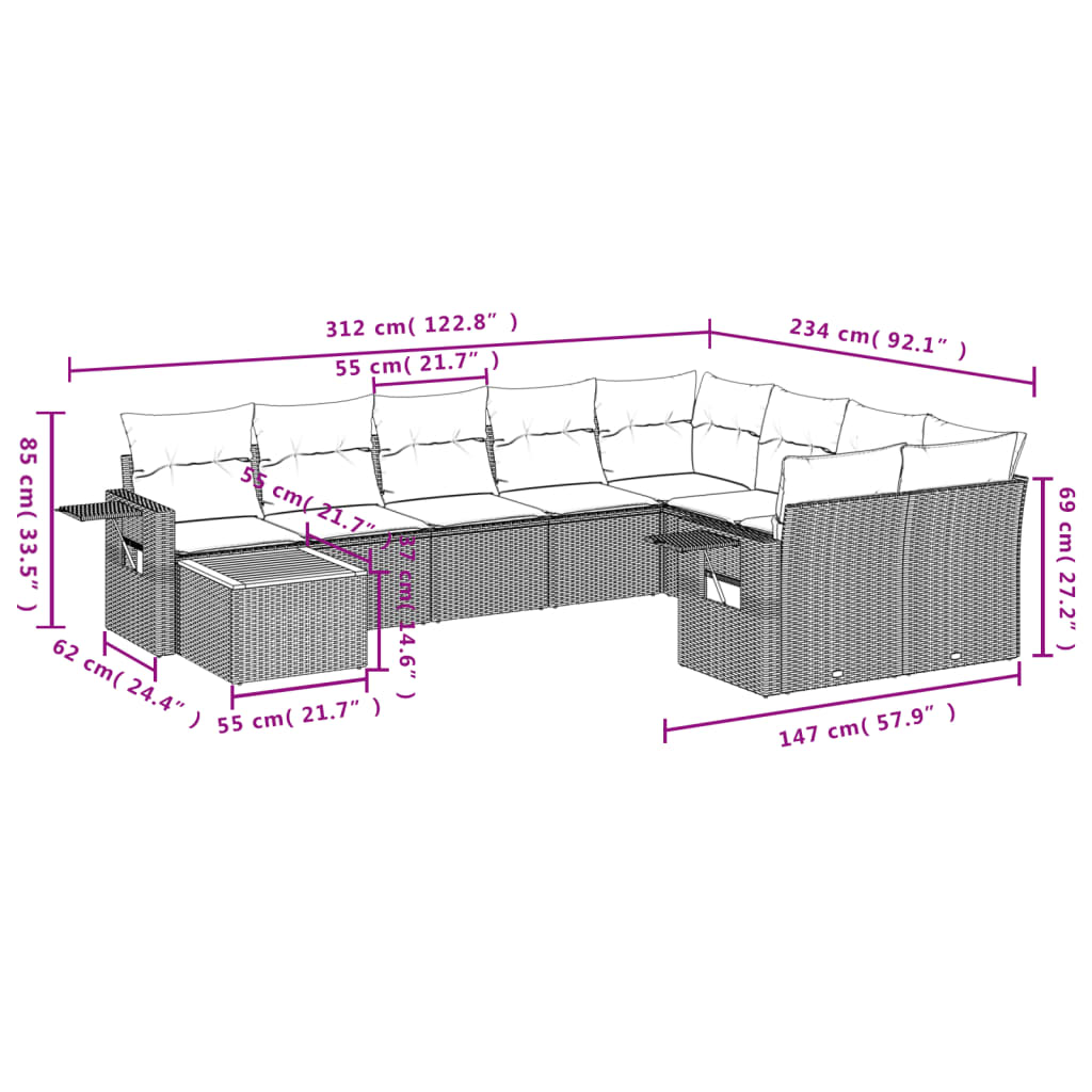 10-tlg. Garten-Sofagarnitur mit Kissen Grau Poly Rattan