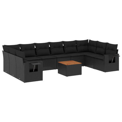 11-tlg. Garten-Sofagarnitur mit Kissen Schwarz Poly Rattan