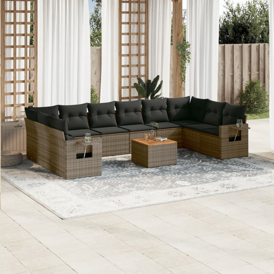 11-tlg. Garten-Sofagarnitur mit Kissen Grau Poly Rattan