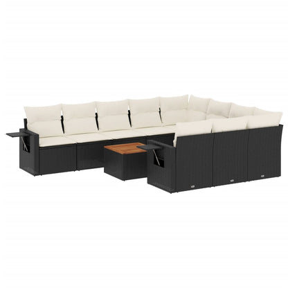 11-tlg. Garten-Sofagarnitur mit Kissen Schwarz Poly Rattan