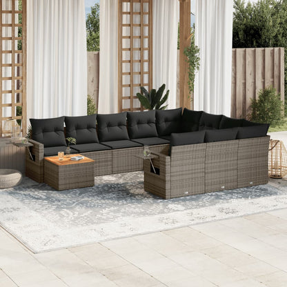 11-tlg. Garten-Sofagarnitur mit Kissen Grau Poly Rattan