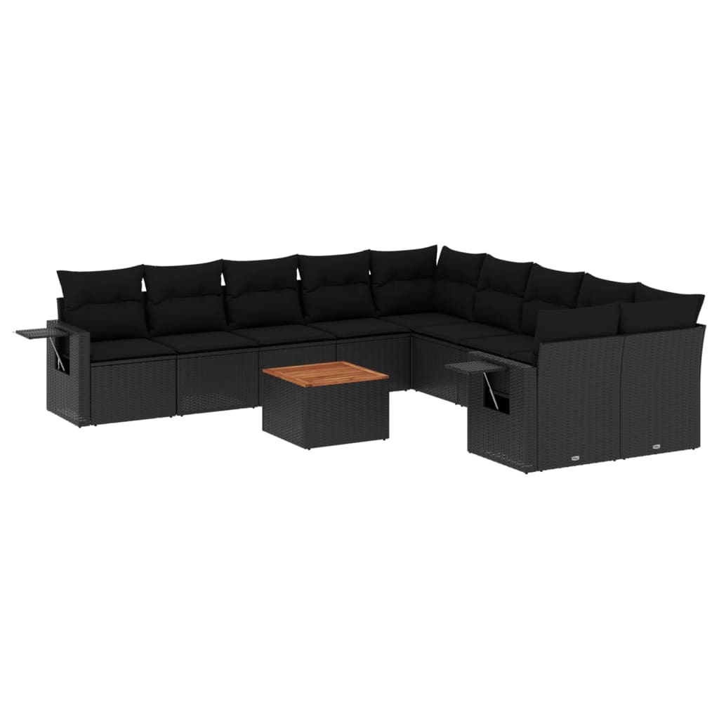 11-tlg. Garten-Sofagarnitur mit Kissen Schwarz Poly Rattan