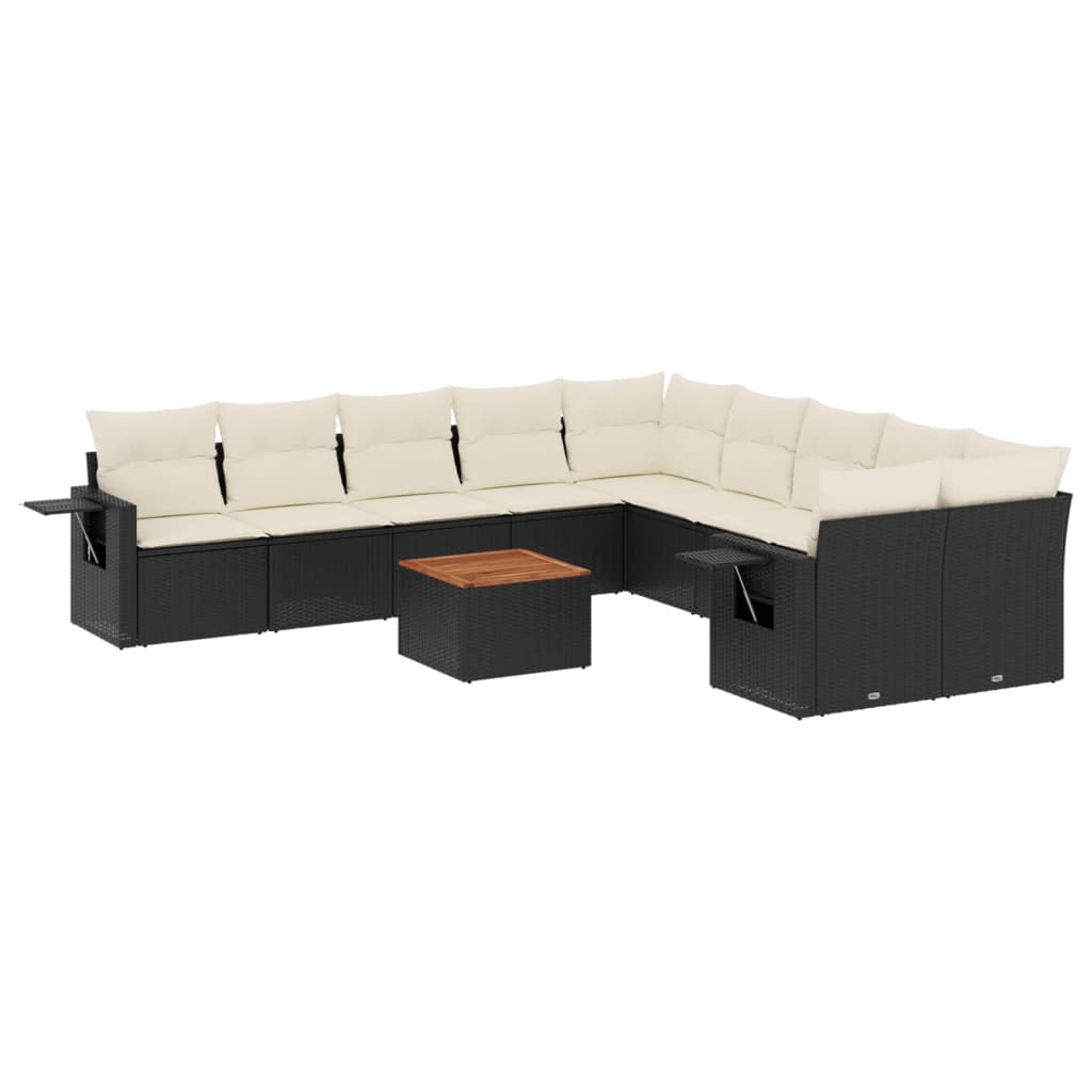 11-tlg. Garten-Sofagarnitur mit Kissen Schwarz Poly Rattan