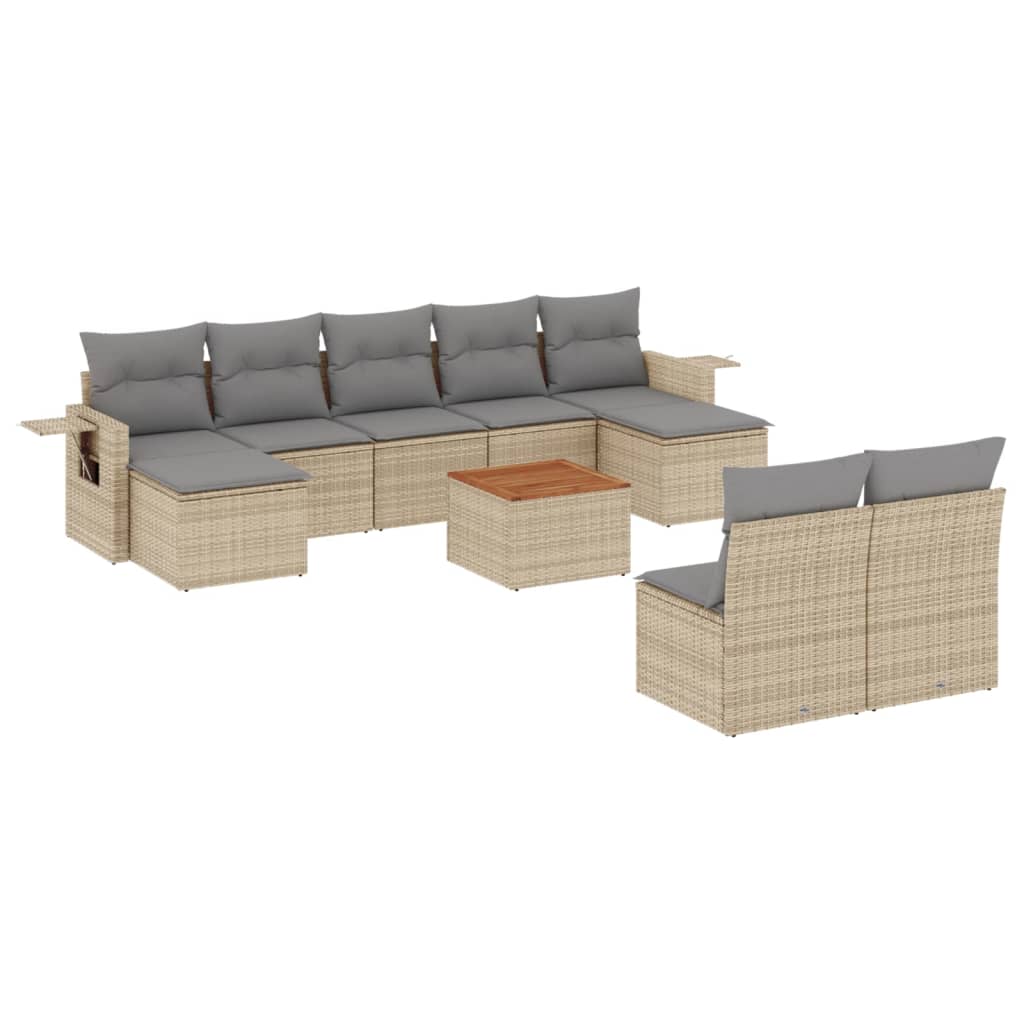 10-tlg. Garten-Sofagarnitur mit Kissen Beige Poly Rattan