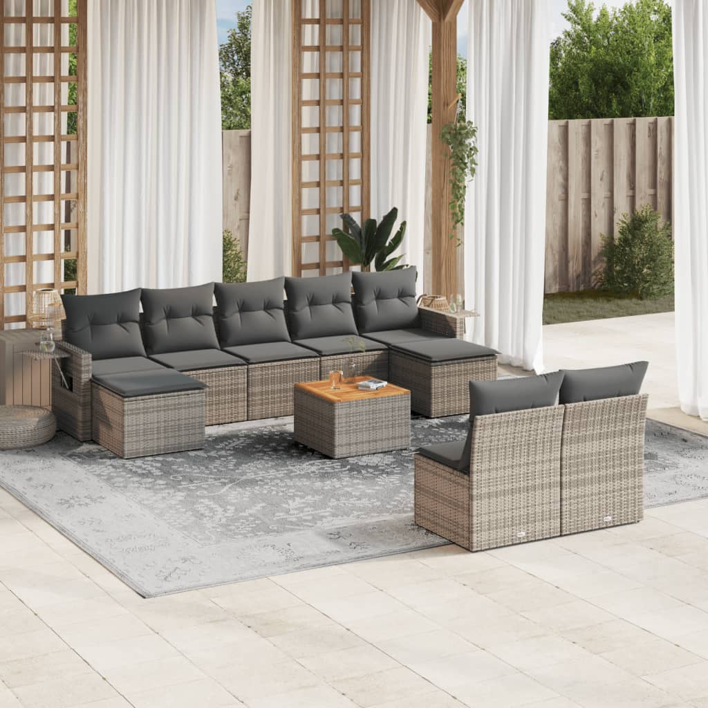 10-tlg. Garten-Sofagarnitur mit Kissen Grau Poly Rattan