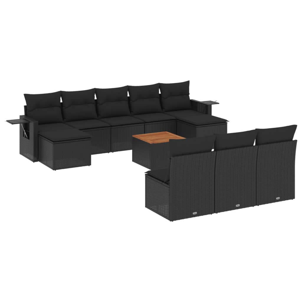 11-tlg. Garten-Sofagarnitur mit Kissen Schwarz Poly Rattan