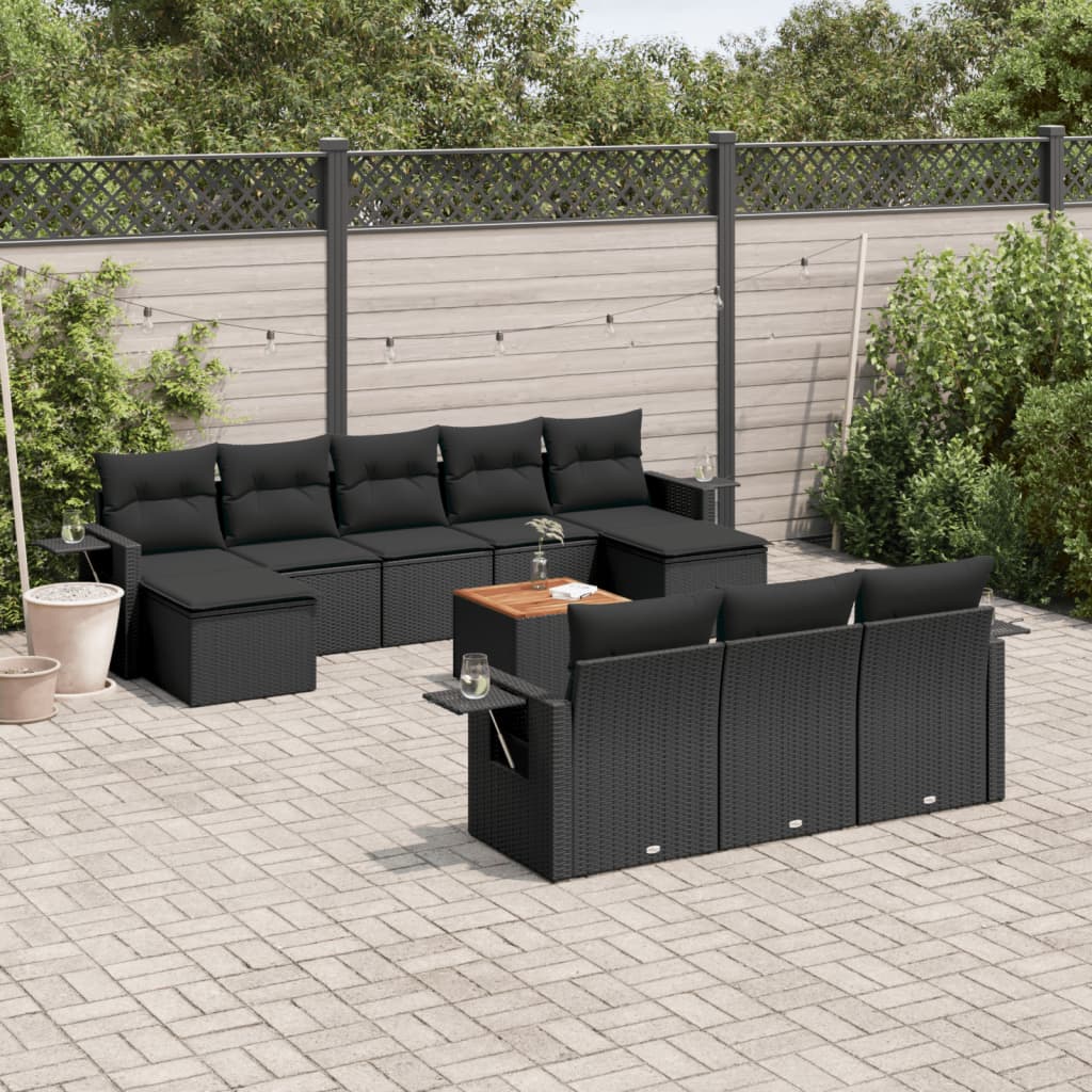 11-tlg. Garten-Sofagarnitur mit Kissen Schwarz Poly Rattan