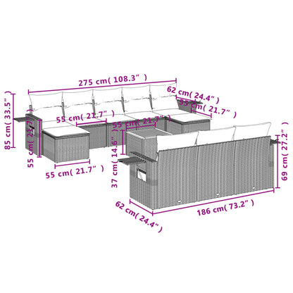 11-tlg. Garten-Sofagarnitur mit Kissen Grau Poly Rattan